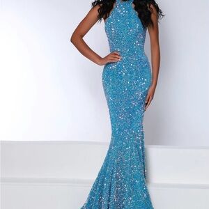 Johnathan Kayne Blue Sequin Halter Gown